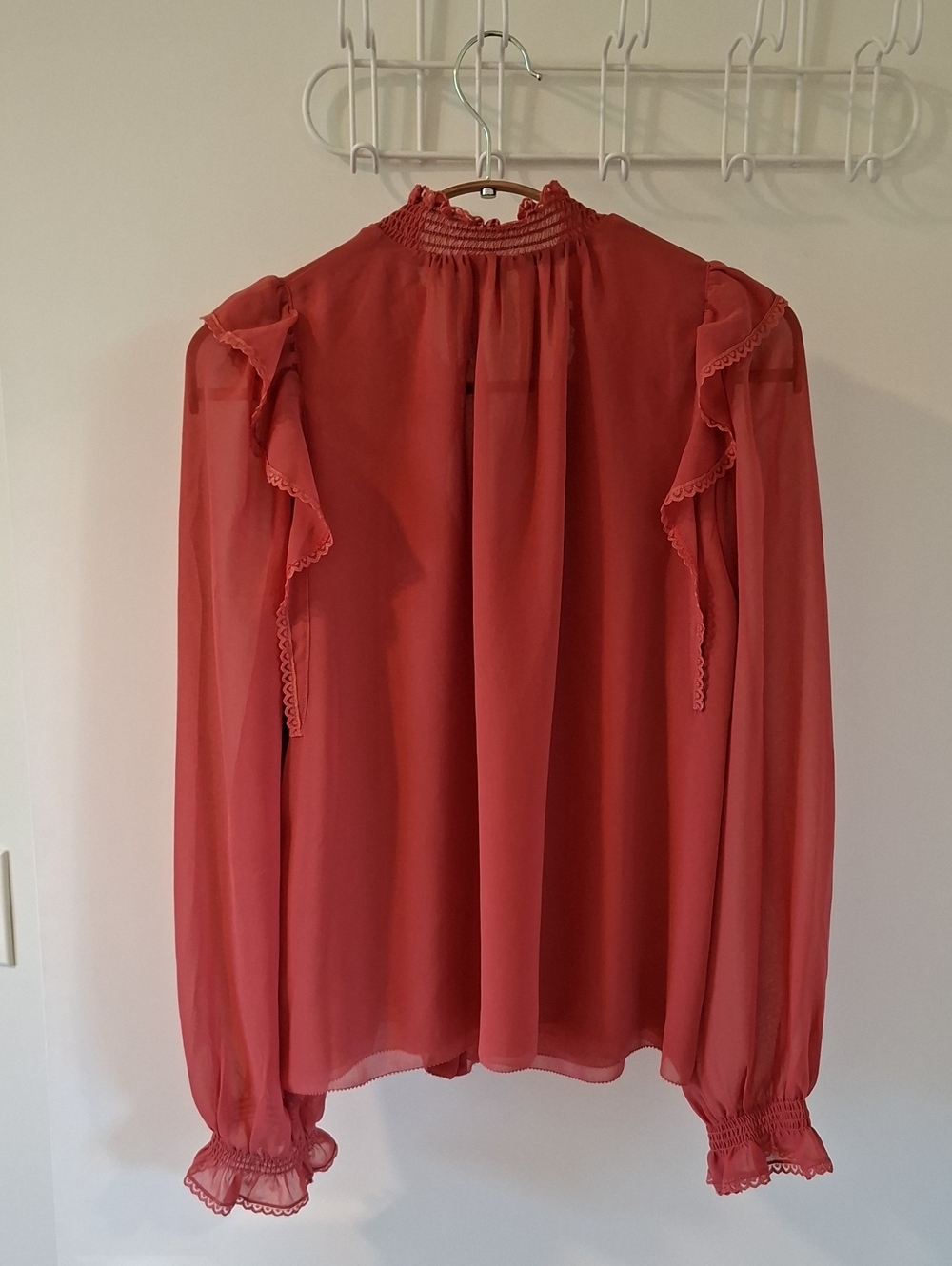 Wilfred Sheer Flowy "Tilda" Coral Ruffle-Trim Button Front Blouse (Size XS) - Picture 7 of 10